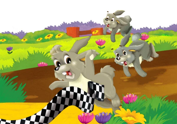 Beyaz Arka Planda Eğlenen Tavşanlı Çizgi Film Sahnesi Sanatsal Resim — Stok fotoğraf