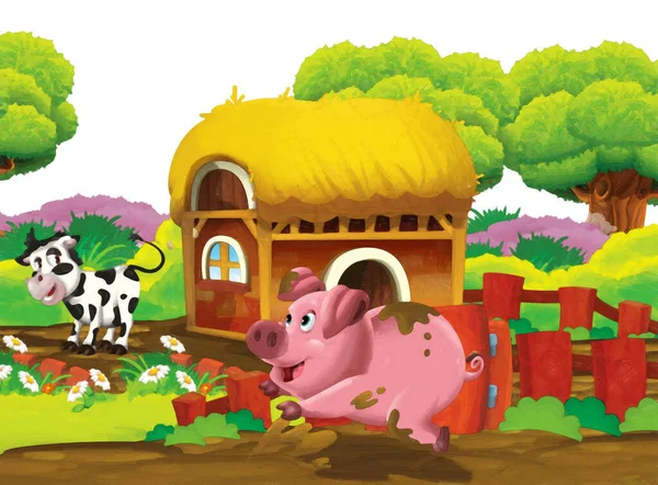 Σκηνή Κινουμένων Σχεδίων Γουρούνι Και Αγελάδα Ένα Αγρόκτημα Που Διασκεδάζουν — Φωτογραφία Αρχείου