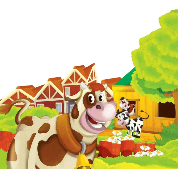 白い背景で農場で楽しんでいる牛と漫画シーン 子供のためのイラストアート絵画スタイル — ストック写真