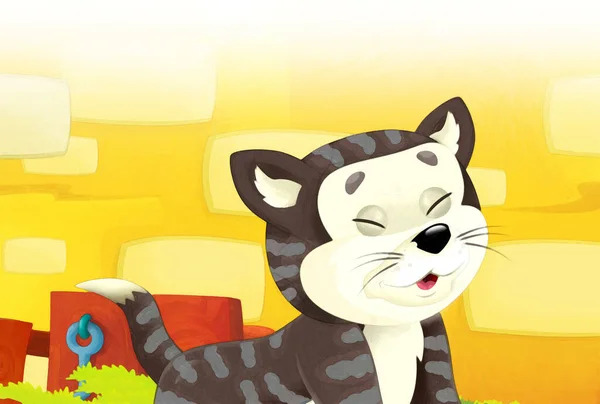 Kreslená Scéna Kočkou Baví Farmě Bílém Pozadí Ilustrace Pro Děti — Stock fotografie