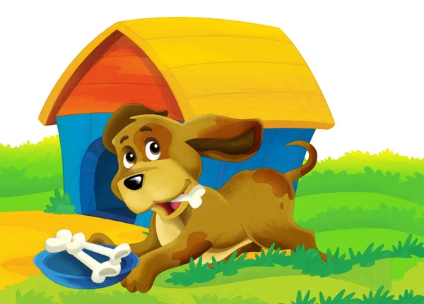 cartoon scene with dog on a farm having fun on white background - illustration for children