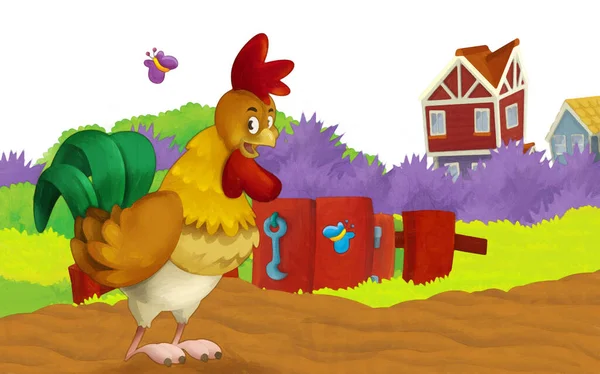 Cartoon Farm Scena Zwierzęciem Kurczaka Ptak Zabawy Białym Tle Miejsca — Zdjęcie stockowe