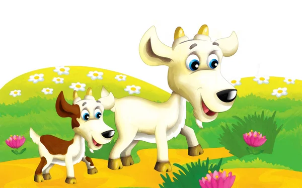 Rajzfilm Farm Jelenet Állat Kecske Szórakozás Fehér Háttér Illusztráció Gyerekeknek — Stock Fotó