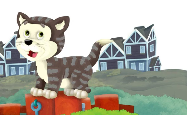 Kreskówkowa Scena Kotem Bawiącym Się Farmie Białym Tle Ilustracja Dla — Zdjęcie stockowe