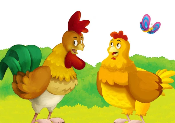 Cartoon farm scene with animal chicken bird having fun on white background with space for text - illustration for children artistic painting style