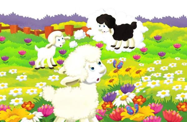Kreslená Scéna Ovcemi Baví Farmě Bílém Pozadí Ilustrace Pro Děti — Stock fotografie