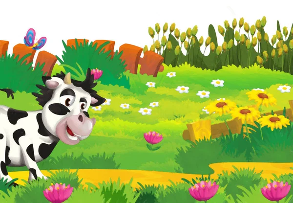 Escena Dibujos Animados Con Vaca Rancho Granja Que Divierten Fondo — Foto de Stock