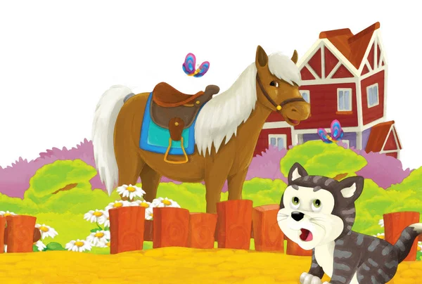 白い背景で農場で猫と馬が楽しんでいる漫画シーン 子供のためのイラストアート絵画スタイル — ストック写真
