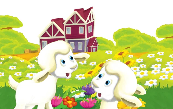 白い背景で農場で楽しい羊を持つ漫画シーン 子供のためのイラストアート絵画スタイル — ストック写真
