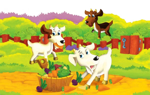 Cartoon Farm Scena Kozłem Zwierząt Zabawy Białym Tle Ilustracja Dla — Zdjęcie stockowe