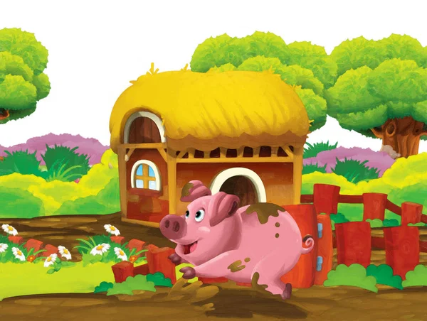 农场农场里有猪的卡通场景 背景为白色 充满乐趣 儿童艺术创作风格图解 — 图库照片