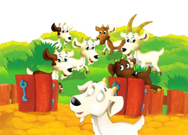 Escena Granja Dibujos Animados Con Cabra Animal Divirtiéndose Sobre Fondo — Foto de Stock