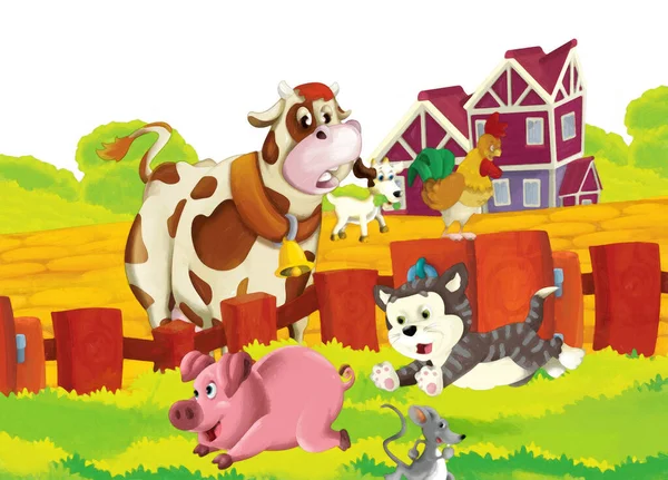 Kreslená Scéna Krávou Baví Farmě Bílém Pozadí Ilustrace Pro Děti — Stock fotografie