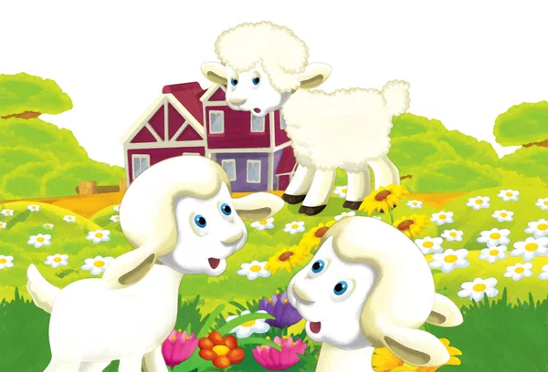Σκηνή Κινουμένων Σχεδίων Πρόβατα Που Διασκεδάζουν Στο Αγρόκτημα Λευκό Φόντο — Φωτογραφία Αρχείου