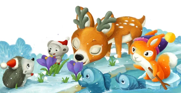 Cartoon Scene Christmas Animals Forest Stream Illustration Children Artistic Painting — Stock Photo, Image