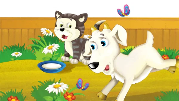 白い背景で楽しみを持っている動物ヤギと漫画の農場シーン 子供たちのためのイラストアート絵画スタイル — ストック写真