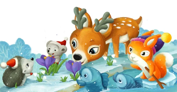 Kreskówka Scena Zwierzętami Lesie Pobliżu Strumienia Ilustracja Dla Dzieci Artystyczny — Zdjęcie stockowe