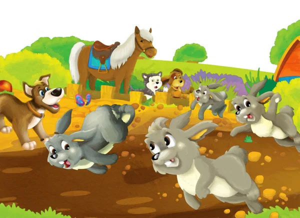 农场里兔子在白色背景上玩耍的卡通场景 儿童艺术绘画风格的图解 — 图库照片