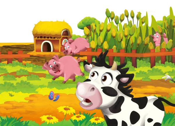 Scena Rysunkowa Świnią Krową Farmie Bawiącej Się Białym Tle Ilustracja — Zdjęcie stockowe