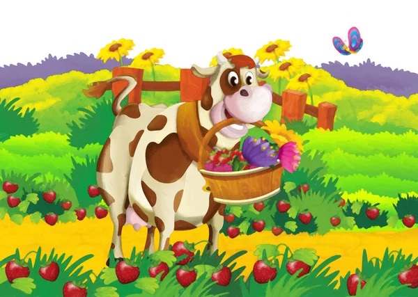 白い背景で農場で楽しんでいる牛と漫画シーン 子供のためのイラストアート絵画スタイル — ストック写真