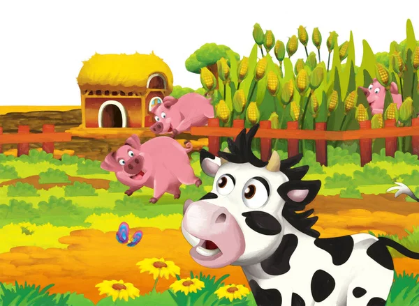 농장에서 돼지와 배경을 가지고 재미있게 어린이들을 페인팅 스타일의 — 스톡 사진