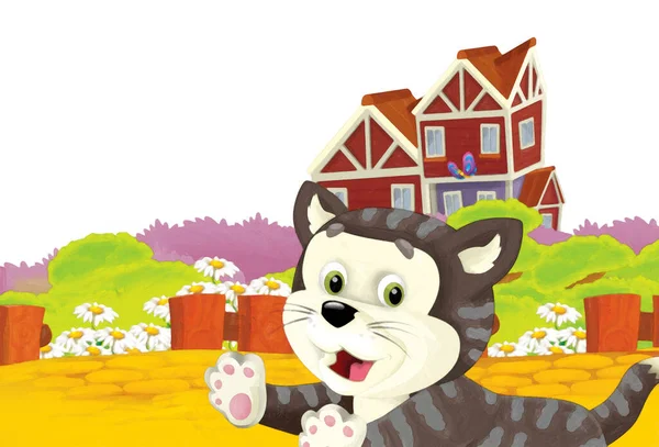Scena Rysunkowa Kotem Bawiącym Się Farmie Białym Tle Ilustracja Dla — Zdjęcie stockowe