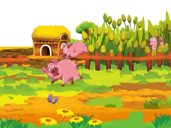 Escena Dibujos Animados Con Cerdo Rancho Granja Que Divierten Fondo —  Fotos de Stock