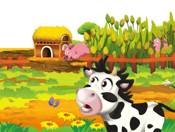 Escena Dibujos Animados Con Cerdo Vaca Rancho Granja Que Divierten — Foto de Stock