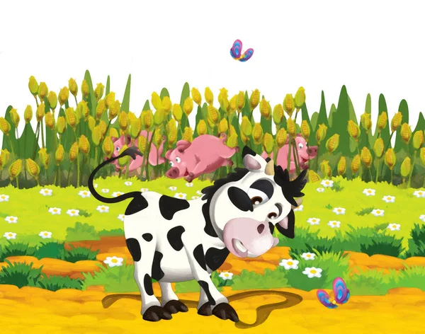cartoon scene with pig and cow on a farm having fun on white background - illustration for children artistic painting style