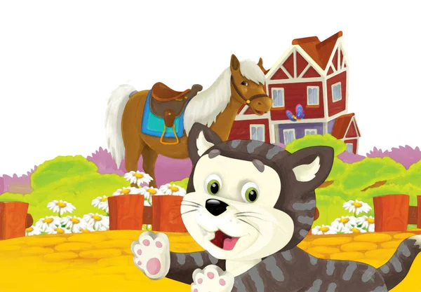 Kedilerin Beyaz Arka Planda Çiftlikte Eğlendiği Karikatür Sahnesi Sanatsal Resim — Stok fotoğraf