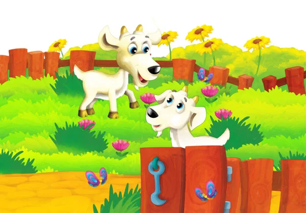 Escena Granja Dibujos Animados Con Cabra Animal Divirtiéndose Sobre Fondo — Foto de Stock