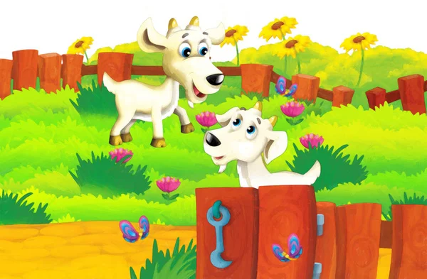 Rajzfilm Farm Jelenet Állat Kecske Szórakozás Fehér Háttér Illusztráció Gyerekeknek — Stock Fotó
