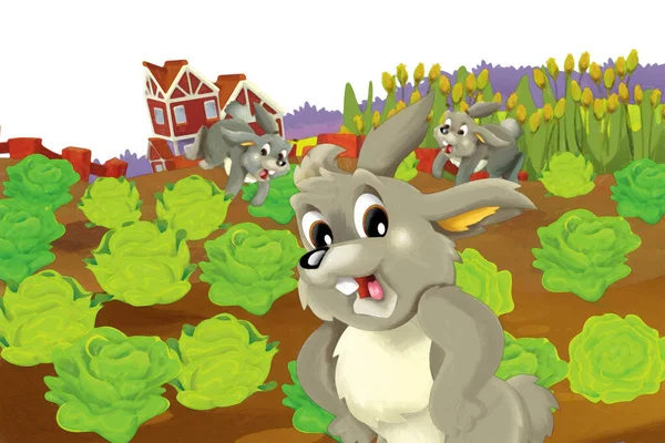 농장에서 토끼와 배경을 즐기고 어린이들의 페인팅 스타일 — 스톡 사진