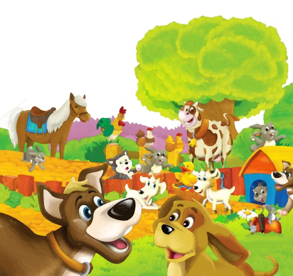 带着狗在白色背景的农场里玩乐的卡通片 儿童艺术绘画风格图解 — 图库照片