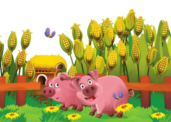 白い背景で楽しい農場で豚や牛と漫画のシーン 子供たちのためのイラストアート絵画スタイル — ストック写真