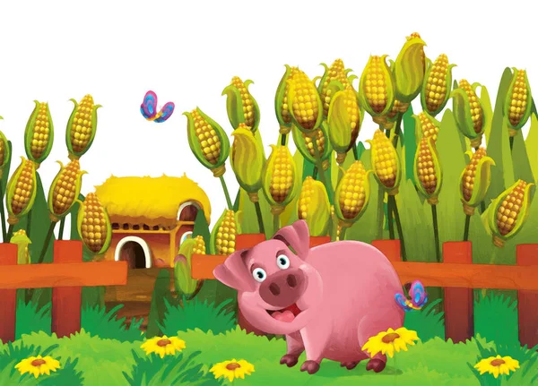 白い背景で楽しい牧場の豚と漫画シーン 子供たちのためのイラストアート絵画スタイル — ストック写真