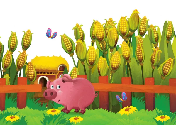 Tecknad Scen Med Gris Gård Ranch Kul Vit Bakgrund Illustration — Stockfoto