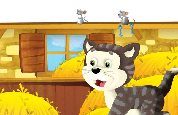 Cartoon Szene Mit Katze Die Spaß Auf Dem Bauernhof Auf — Stockfoto