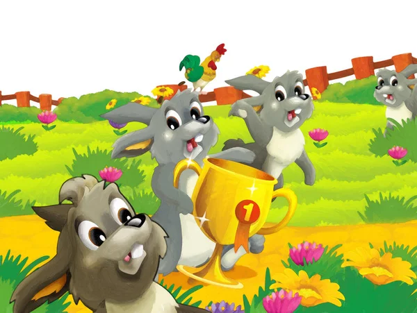 cartoon scene with rabbit on a farm having fun on white background - illustration for children artistic painting style