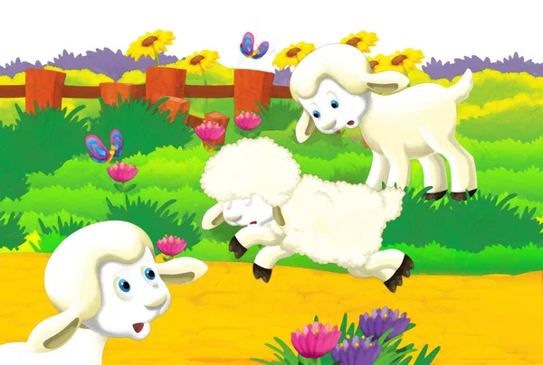 Beyaz Arka Planda Koyunların Çiftlikte Eğlendiği Karikatür Sahnesi Sanatsal Resim — Stok fotoğraf