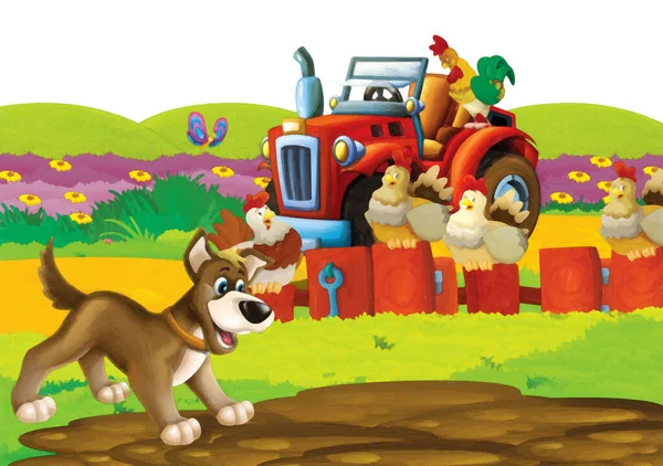 Cartoon Szene Mit Hund Der Spaß Auf Dem Bauernhof Auf — Stockfoto