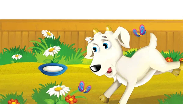 以白色背景的动物山羊为乐的卡通农场场景 儿童艺术绘画风格图解 — 图库照片