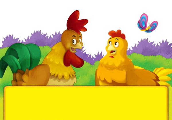 Cartoon Bauernhofszene Mit Tierischem Hühnervogel Der Spaß Auf Weißem Hintergrund — Stockfoto