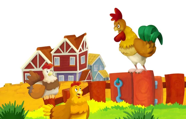 Cartoon Farm Scene Animal Chicken Bird Having Fun White Background — Stock Photo, Image