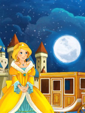 Kale illüstrasyonunun yakınındaki çocuk sanatsal resim sahnesinde prensesle karikatür sahnesi