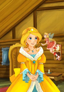 Çiftlik evindeki prensesin çizdiği çizgi film sahnesi, çocukların sanatsal resim sahneleri için mutfak çizimi.