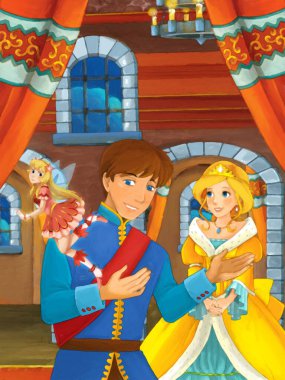 Prens ve Prenses 'in evlendiği karikatür sahnesi şato odasında çocukların resimlerini çiziyor.