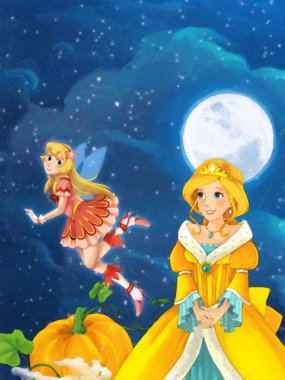 Çocuk sanatsal resim sahnesi için gece çizimleri yapan prenses büyücüyle çizgi film sahnesi.