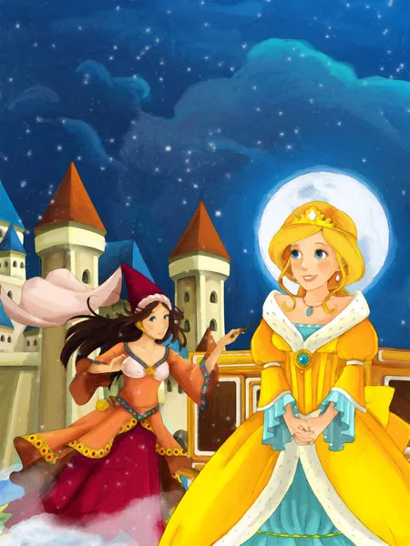 Cena Dos Desenhos Animados Com Princesa Perto Ilustração Castelo Para — Fotografia de Stock
