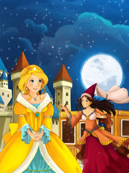 Cartoon Scene Met Prinses Buurt Van Het Kasteel Illustratie Voor — Stockfoto